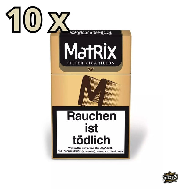 Matrix V Filter Cigarillos Vanille – Schachtel frontal mit 10x-Hinweis, King Size ca. 84–85 mm, Naturdeckblatt