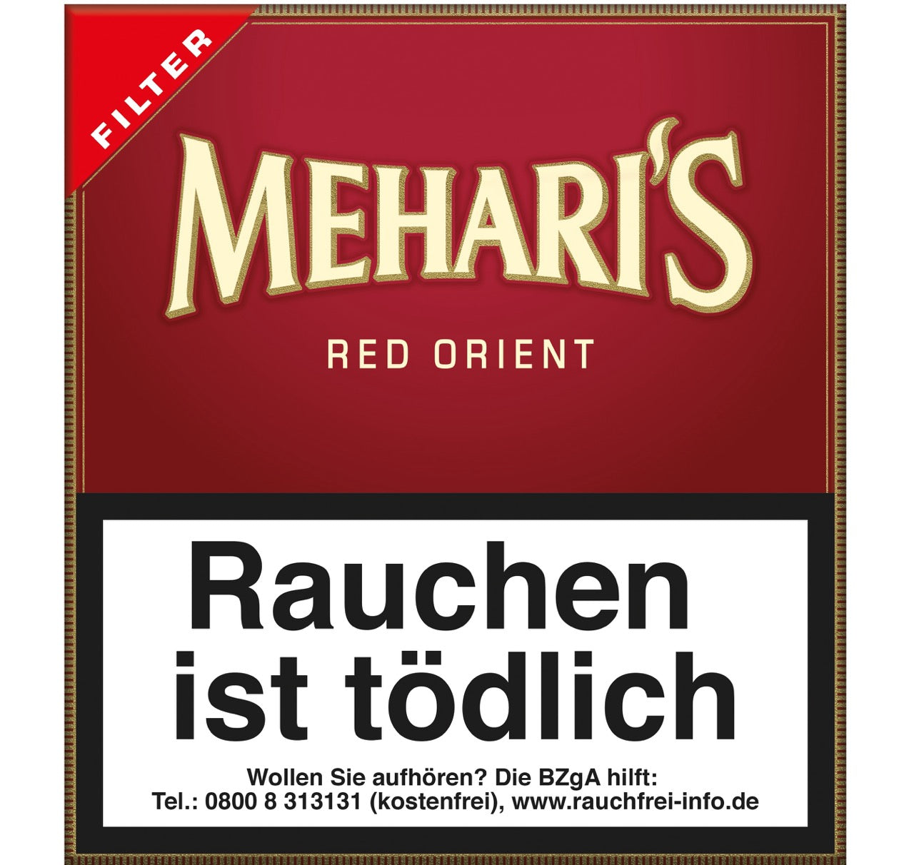Meharis Red Orient Filter Cigarillos 20er-Pack – Verpackung frontal, orientalisches Design, Zigarillos mit Dualfilter