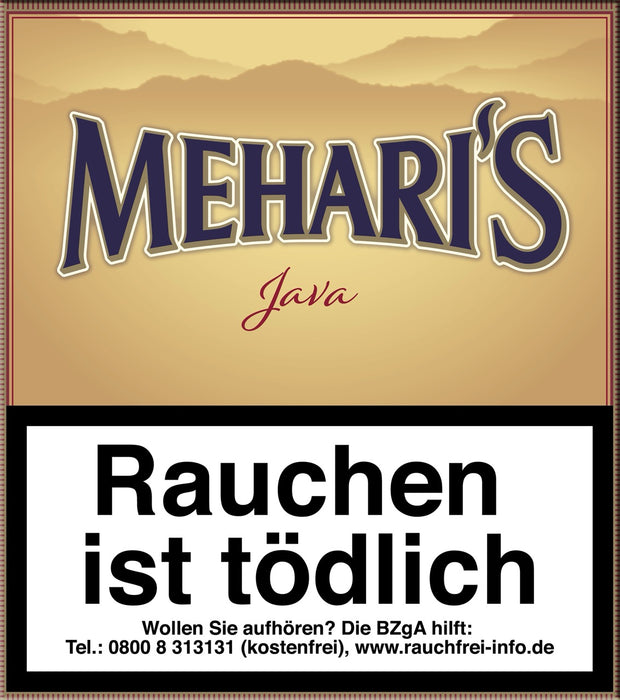 Meharis Java Cigarillos 20er-Pack – Verpackung frontal, mild-aromatische Zigarillos mit Java Besuki-Deckblatt