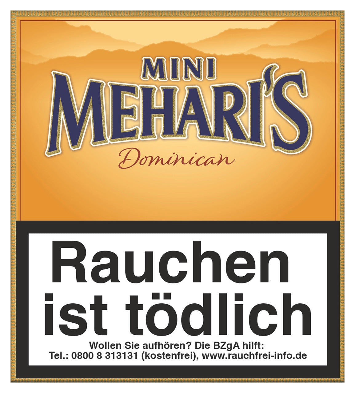 Meharis Mini Dominican Cigarillos 20er-Pack – Verpackung frontal, kleine aromatische Zigarillos mit dominikanischem Tabak für vollen Geschmack