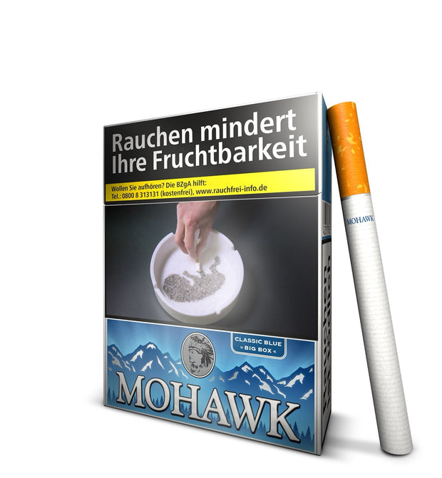 Mohawk Classic Blue Big Pack Schachtel leicht seitlich mit angelehnter Zigarette
