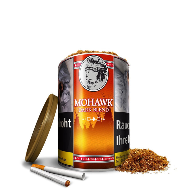 Mohawk Dark Blend Feinschnitt geöffnete 100g Dose mit Tabak und Hülsen