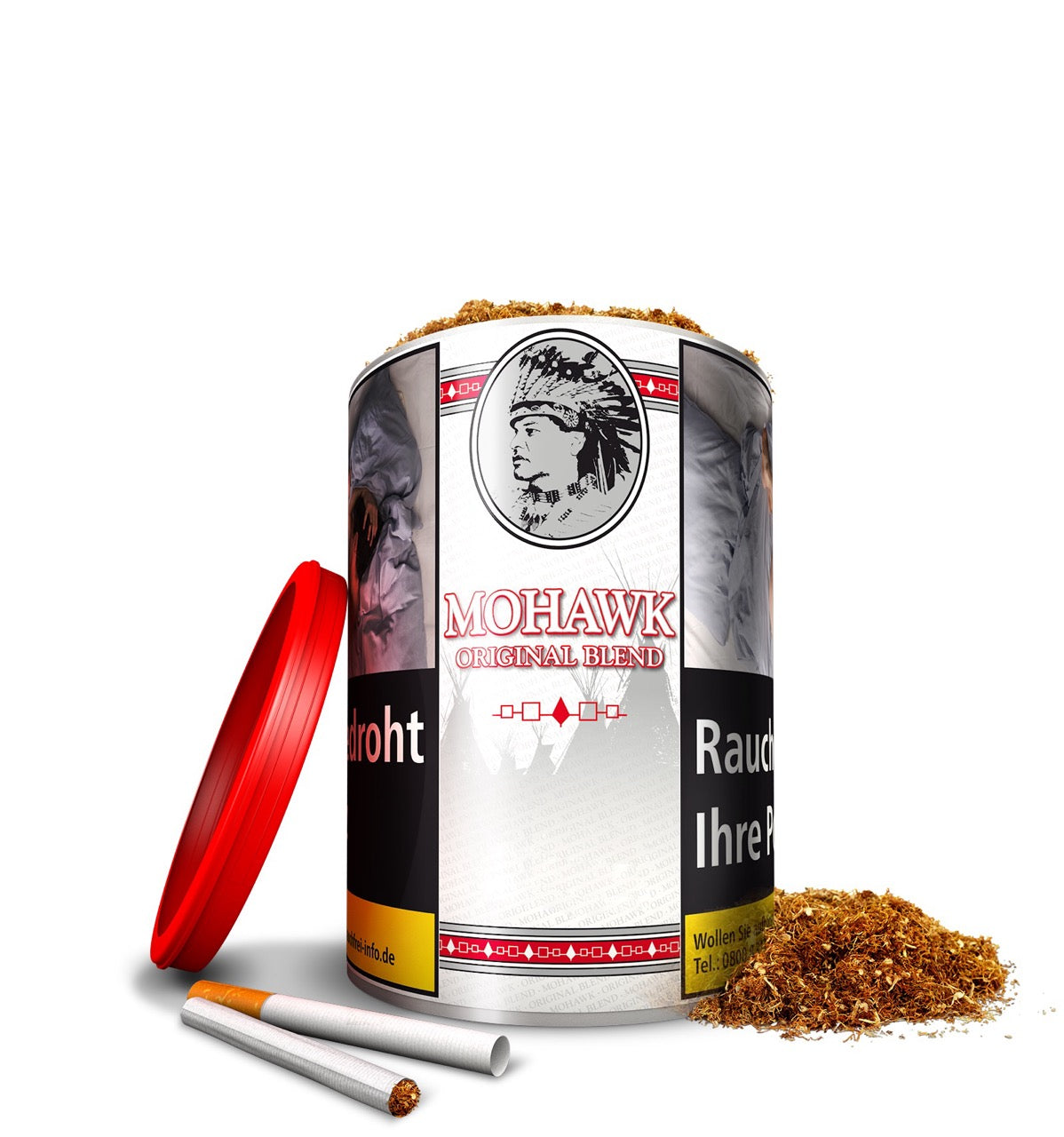 Mohawk Original Blend Weiß Feinschnitt geöffnete 100g Dose mit Tabak und Hülsen