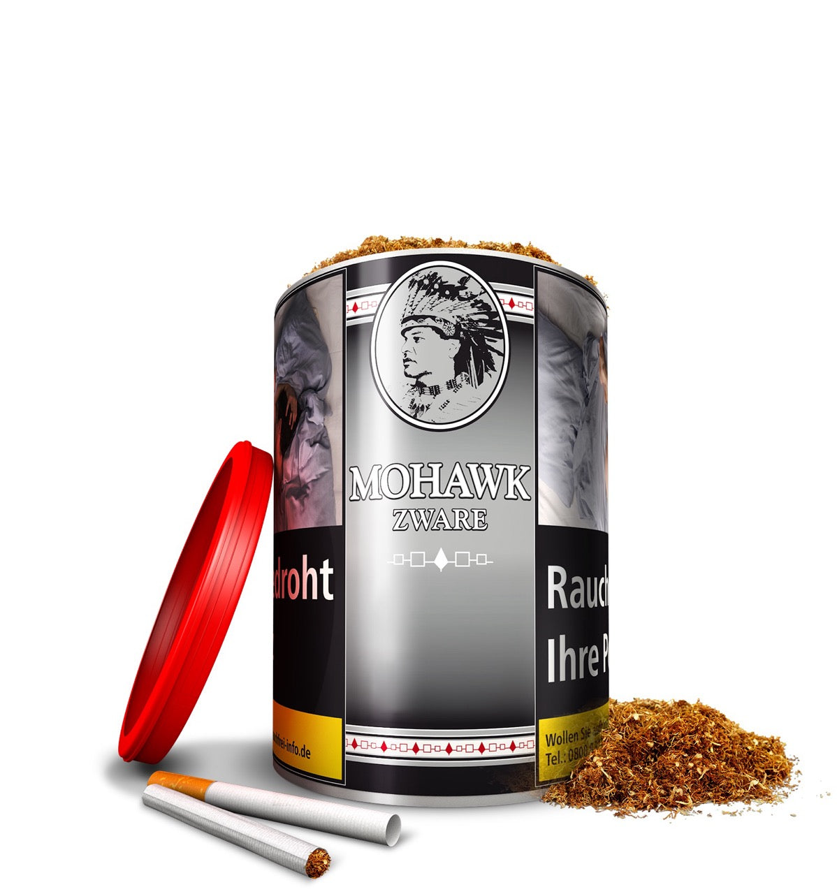 Mohawk Zware Feinschnitt geöffnete 125g Dose mit Tabak und Hülsen
