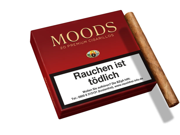 MOODS ohne Filter Cigarillos 20er – Schachtel mit Cigarillo daneben