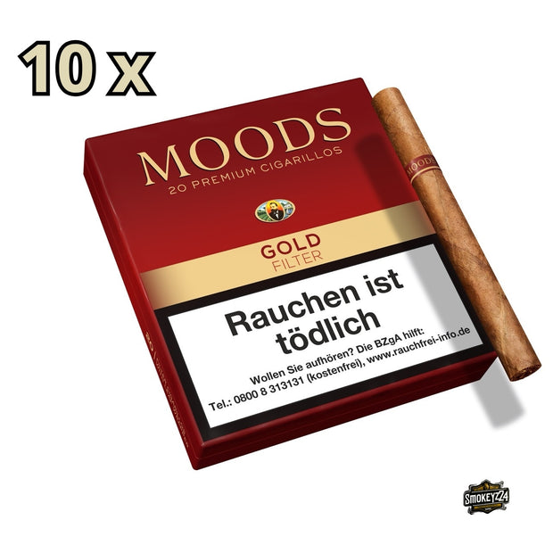 MOODS Gold Filter Cigarillos Stange – 10x20er Packung mit mild- Schachtel mit Zigarillo daneben