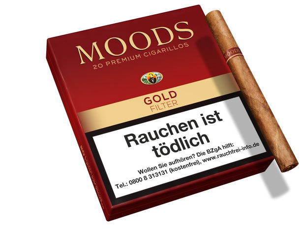 MOODS Gold Filter Cigarillos 20er – Schachtel mit Zigarillo daneben