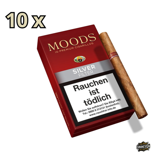 MOODS Silver Filter Cigarillos – Vorteilspack mit 10x10 Cigarillos, Verpackung mit Zigarillo daneben