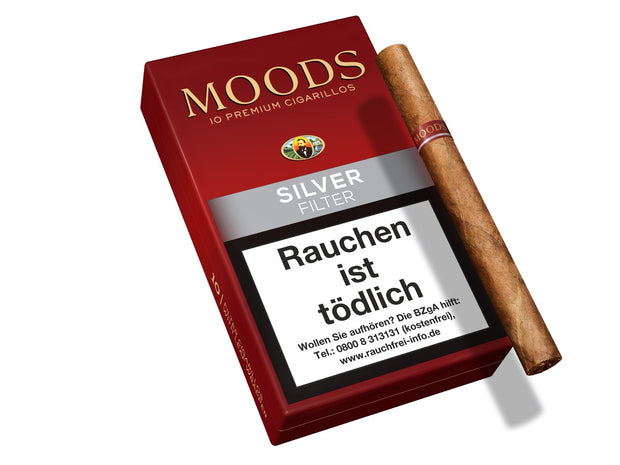 MOODS Silver Filter Cigarillos – 10er Packung Schachtel mit Zigarillo daneben