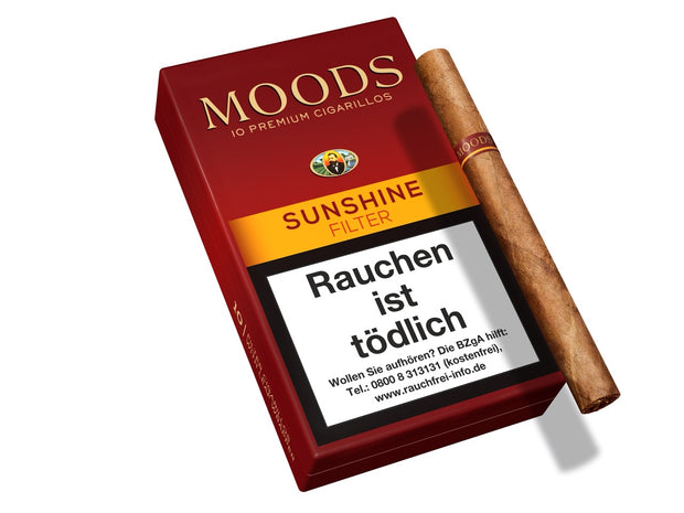 MOODS Sunshine Filter Cigarillos – 10er Packung mit Zigarillo daneben