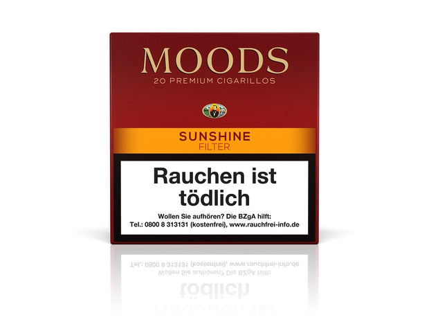 MOODS Sunshine Filter Cigarillos 20er – exotischer Orient-Tabak, süßer Filter, kurzes Format. Aromatischer Genuss für besondere Momente.