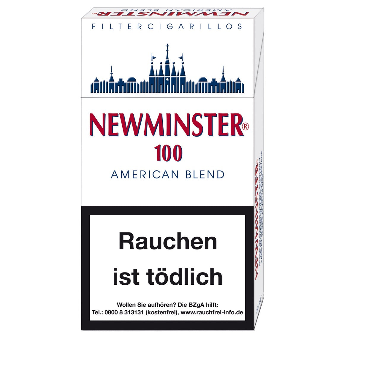 Newminster 100 Filter Cigarillos – Schachtel frontal, Long-Format 99,5 mm × 7,75 mm
