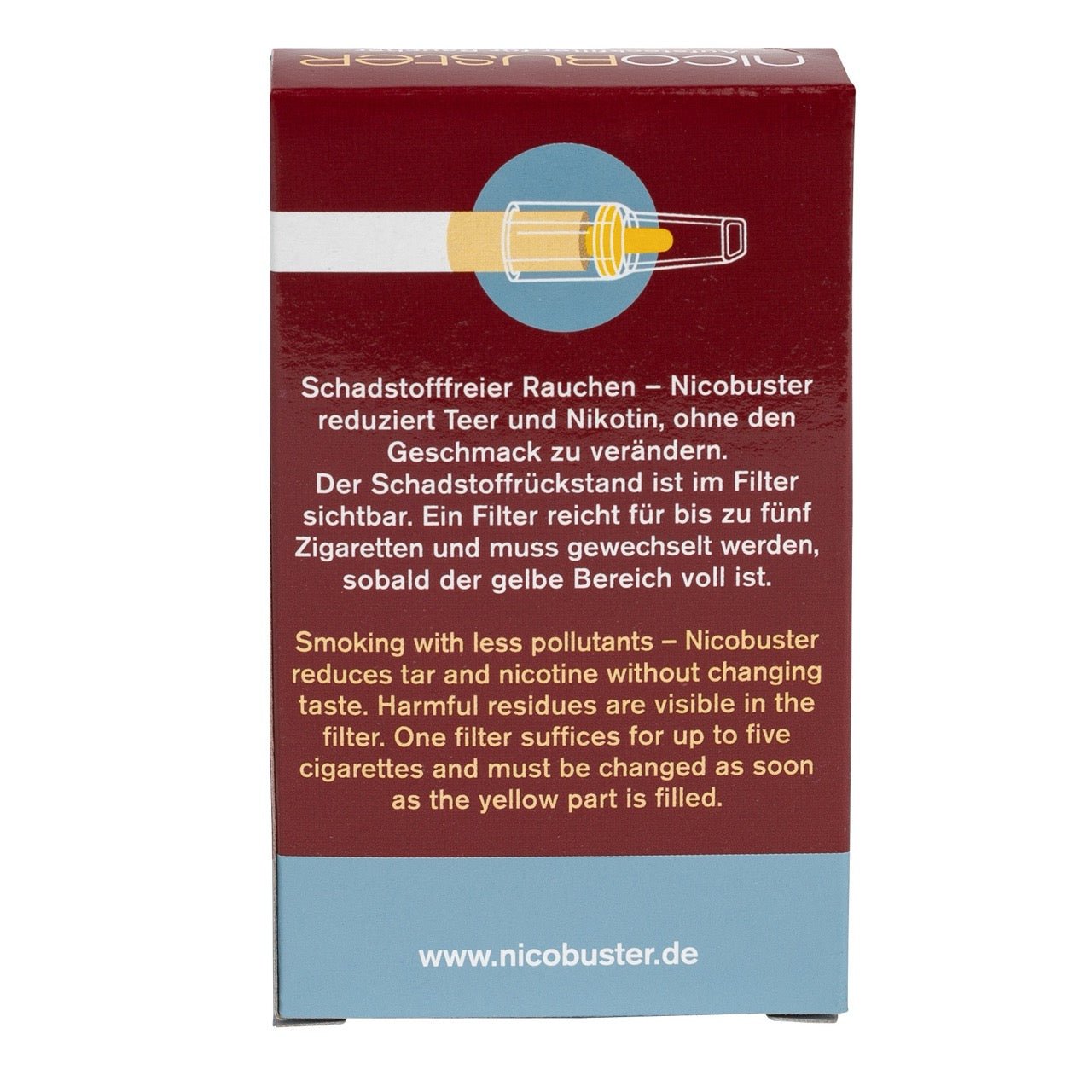 Nicobuster Aufsteckfilter – Packungsrückseite mit Anwendungshinweisen und Wirkung