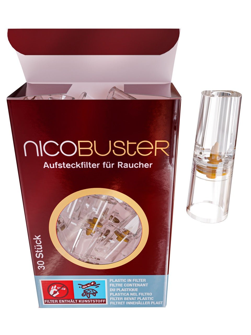 Nicobuster Aufsteckfilter – offene 30er Packung mit einem transparenten Filter daneben