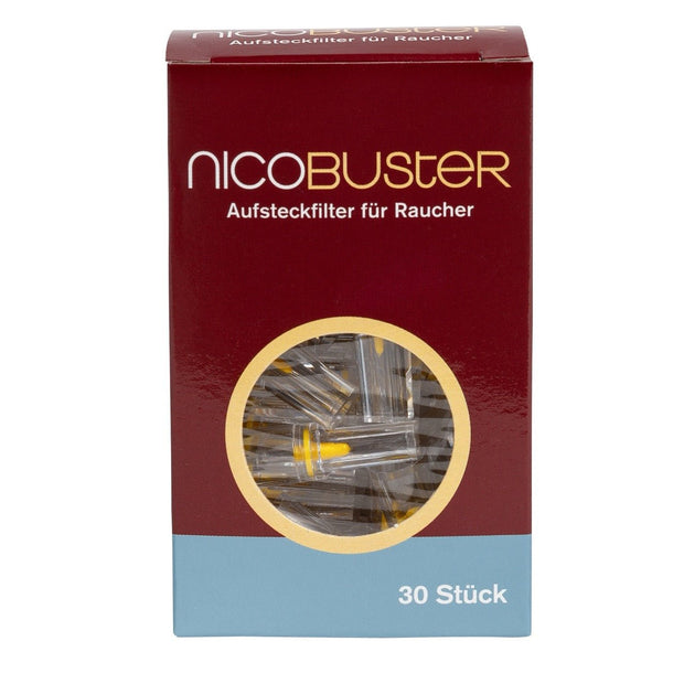 Nicobuster Aufsteckfilter 30 Stück – Schachtel frontal, transparente Zigarettenspitzen