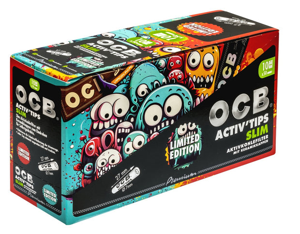 OCB 7mm Slim Active Filter Tips Monster Limited Edition Sparpaket, Vorratskarton mit 10 Beuteln à 50 Aktivkohlefiltern, bunte Monster Designs