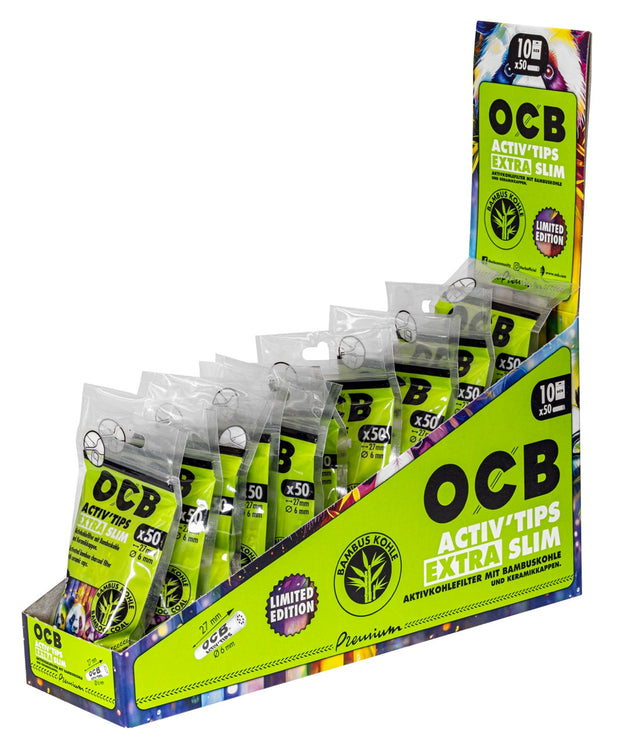 OCB Activ'Tips Extra Slim 6mm Bamboo Limited Edition Display-Karton mit 10 Beuteln à 50 Filter, Panda-Motiv