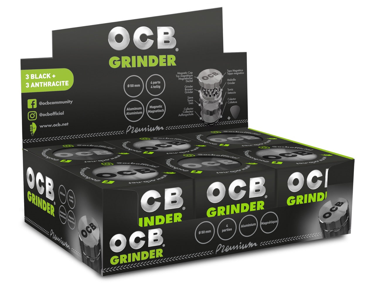 OCB Alu Grinder 50mm – 6er Karton mit verschiedenen Farben, stabile Premium-Grinder aus Aluminium