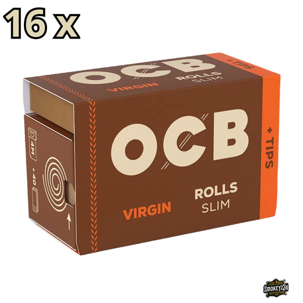 OCB Unbleached Virgin Rolls Slim + Tips Sparpaket mit 16 Rollen im Display