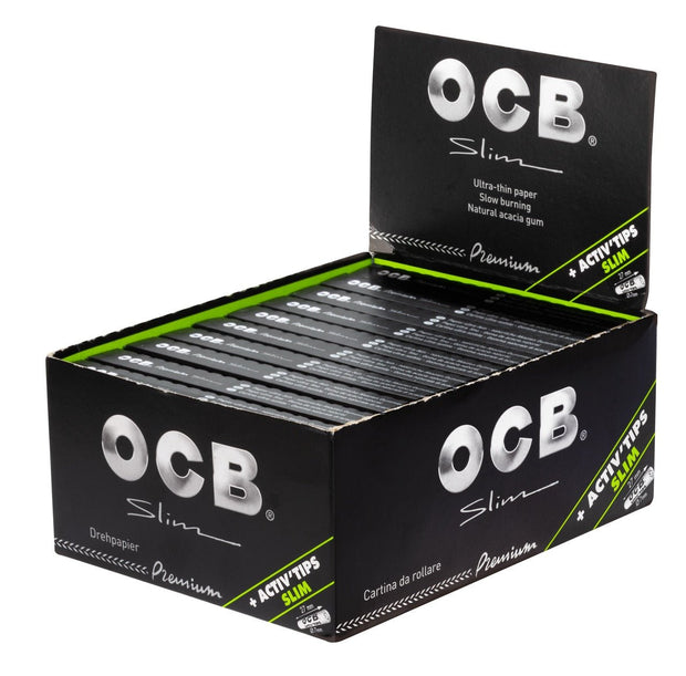 OCB Premium Black Long Slim + Active Filter Sparpaket, 20x32 Blatt mit 8 Aktivkohlefiltern, Vorratskarton
