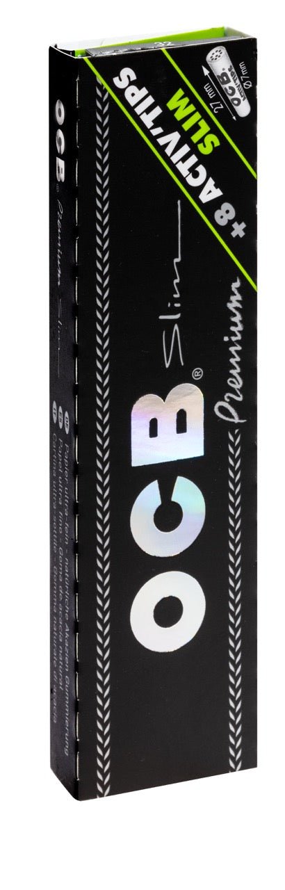 OCB Premium Black Long Slim + Active Filter Blättchen, 32 Blatt mit 8 Aktivkohlefiltern, schwarze Packung