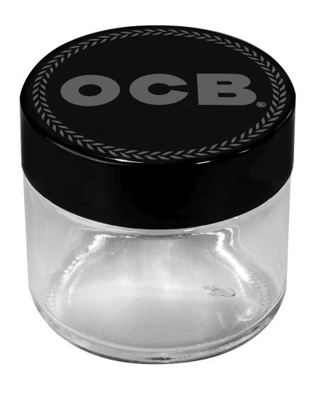 OCB Storage Glas mit schwarzem Deckel und OCB Logo, Schriftfarbe Silber