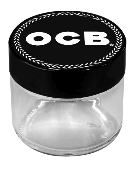 Einzelnes OCB Storage Glas mit schwarzem Deckel und OCB Logo, Schriftfarbe weiß