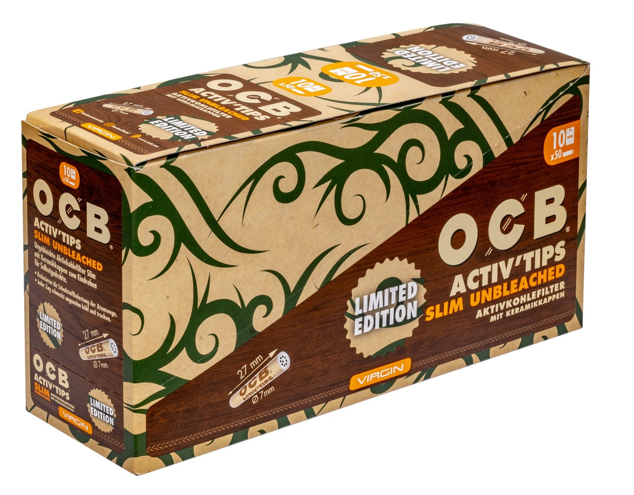 OCB Activ'Tips Slim Unbleached 7mm Tattoo Limited Edition Sparpaket – Karton mit 10x50 Aktivkohlefiltern online kaufen