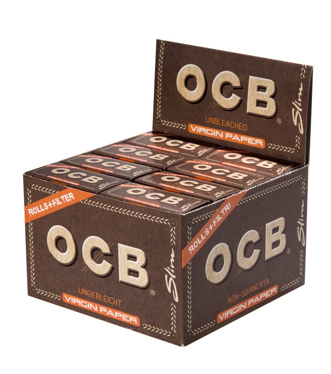 OCB Unbleached Virgin Rolls Slim + Tips Sparpaket, 16 Rollen braunes ungebleichtes Drehpapier mit Filter Tips, bei smokeyz24.de online kaufen