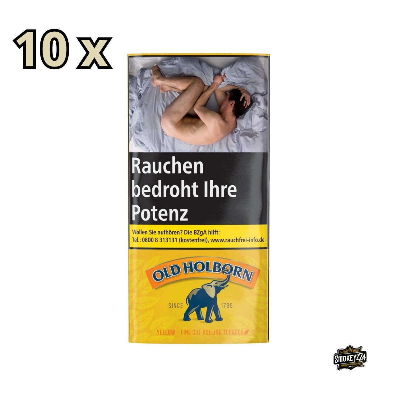 Old Holborn Yellow Drehtabak Gebinde 10x30g, mehrere Pouches nebeneinander, gelbe Verpackungen im typischen Old Holborn Design
