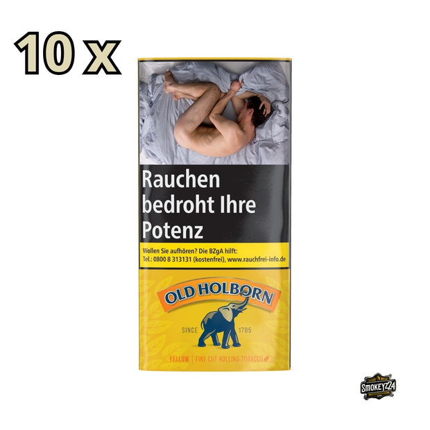Old Holborn Yellow Drehtabak Gebinde 10x30g, mehrere Pouches nebeneinander, gelbe Verpackungen im typischen Old Holborn Design