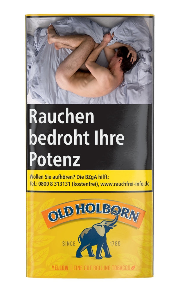 Old Holborn Yellow Drehtabak Pouch 30g, frontal fotografiert, gelbe Verpackung im klassischen Design