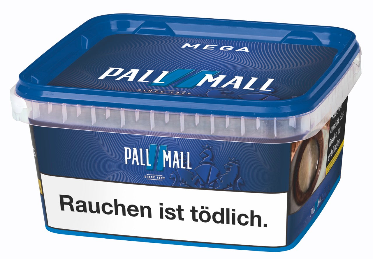 Pall Mall Blue Stopftabak 115g Mega Box stehend schräg – milder Volumentabak für selbstgestopfte Zigaretten