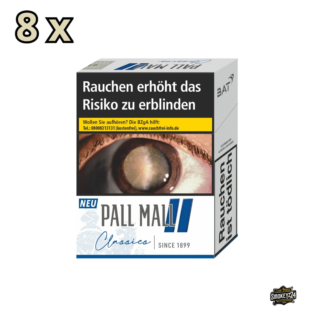 Pall Mall Classics Blue Super Packung in Weiß mit blauem Doppelbalken und Classics Schriftzug, Multiplikator 8x