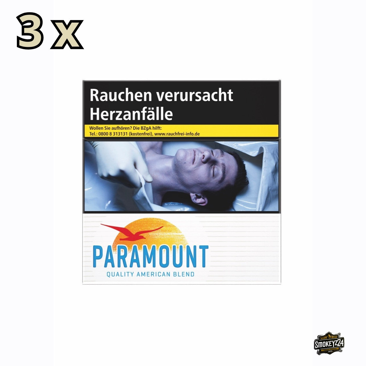 Drei Packungen Paramount Blue Zigaretten à 60 Stück mit blauem Design und Vogel-Logo in Hartbox