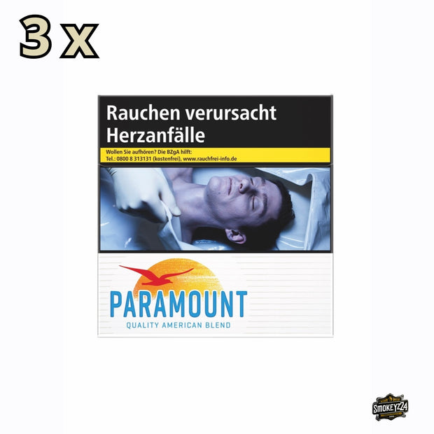 Drei Packungen Paramount Blue Zigaretten à 60 Stück mit blauem Design und Vogel-Logo in Hartbox