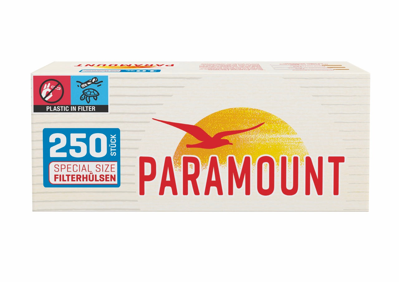 Eine rote Packung Paramount Red Special Filterhülsen mit 250 Stück Inhalt