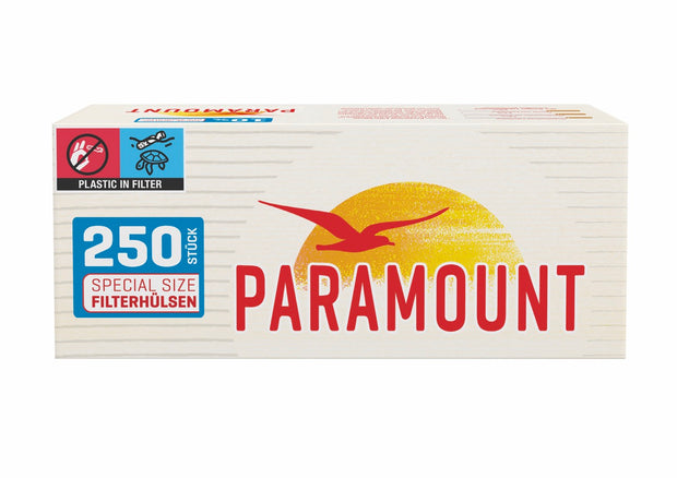 Eine rote Packung Paramount Red Special Filterhülsen mit 250 Stück Inhalt