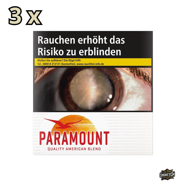 Drei Schachteln Paramount Red Zigaretten à 60 Stück in klassischem Rot-Weiß mit stilisiertem Vogel-Logo