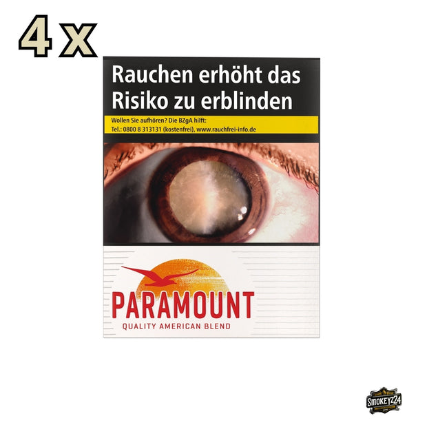 Vier Packungen Paramount Red Zigaretten à 40 Stück in rot-weißer Verpackung mit stilisiertem Vogel-Logo