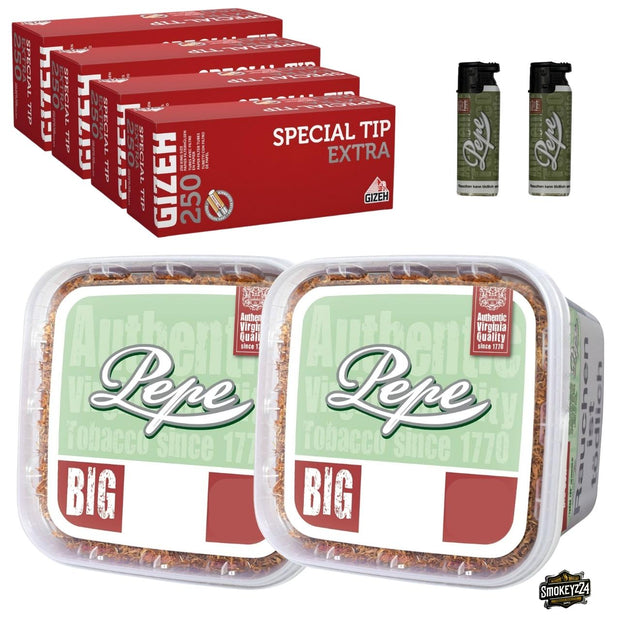 Pepe Bright Green 2x Box Bundle mit Gizeh Special Tip Extra Hülsen und Pepe Sturmfeuerzeugen