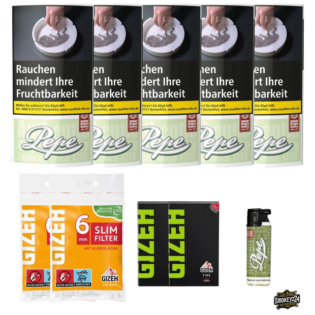 Pepe Bright Green 5x Pouch Bundle mit GIZEH Blättchen, Slim Filtern und Pepe Sturmfeuerzeug