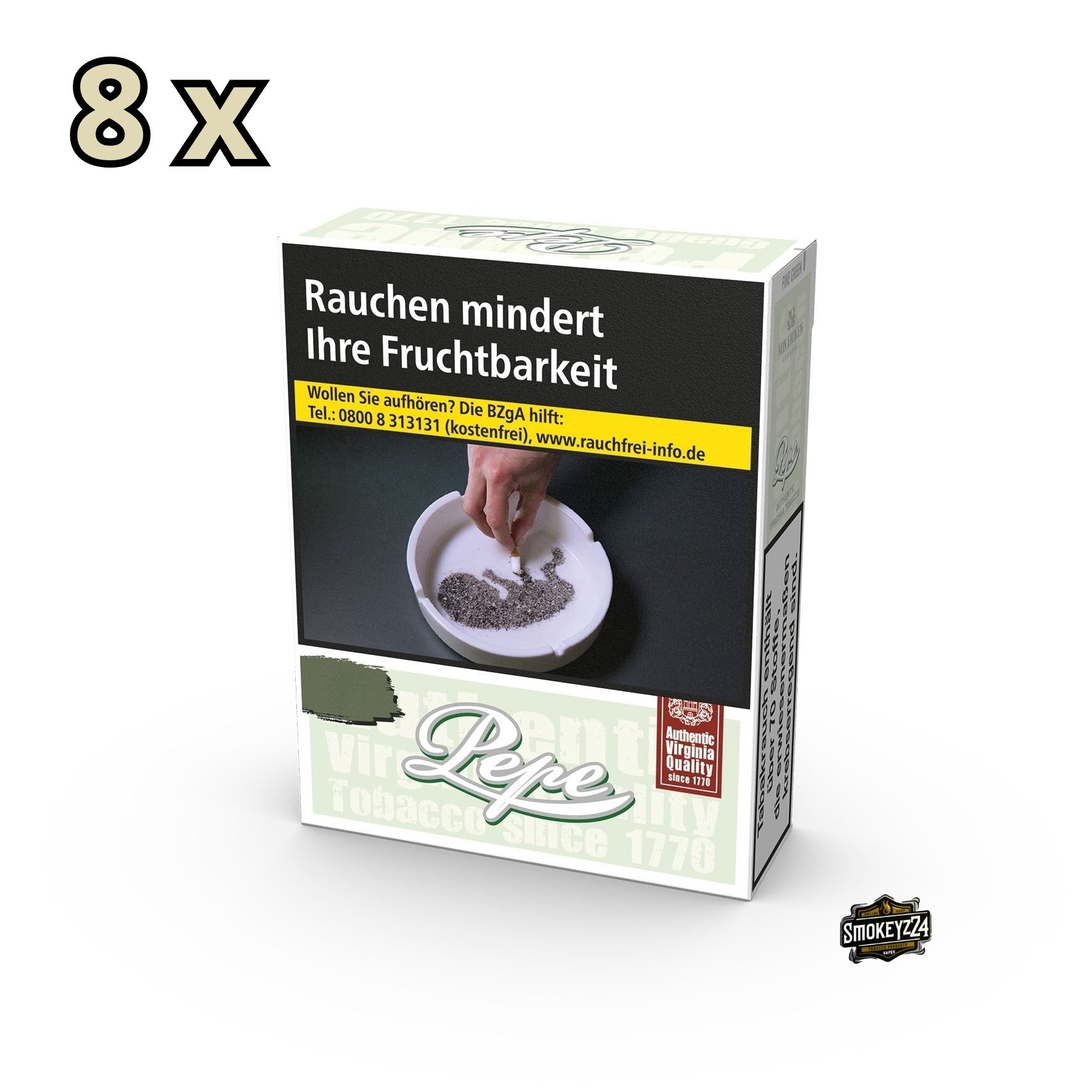 Pepe Fine Green Zigaretten Stange 8x30 – milder Genuss ohne Zusatzstoffe, mit 100 % Virginia-Tabak