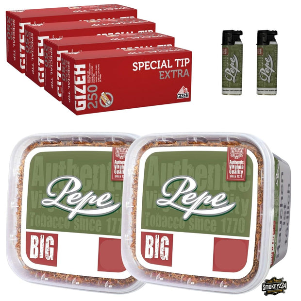 Pepe Rich Green 2x Box Bundle mit Gizeh Special Tip Extra Hülsen und Pepe Sturmfeuerzeugen