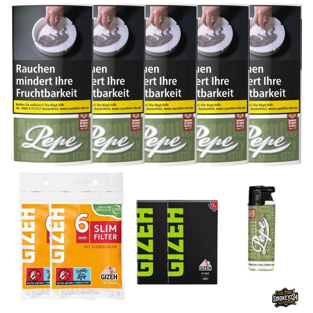 Pepe Rich Green 5x Pouch Bundle mit GIZEH Blättchen, Slim Filtern und Pepe Sturmfeuerzeug