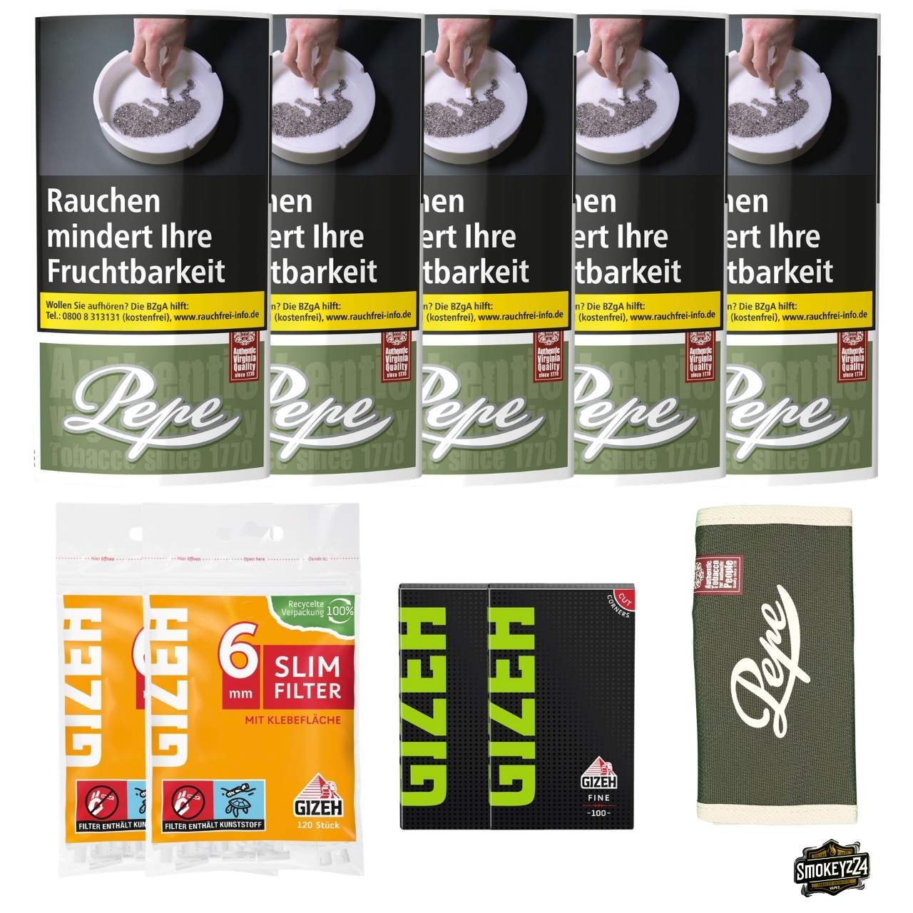 Pepe Rich Green 5x Pouch Bundle mit GIZEH Blättchen, Slim Filtern und Pepe Pouchbag