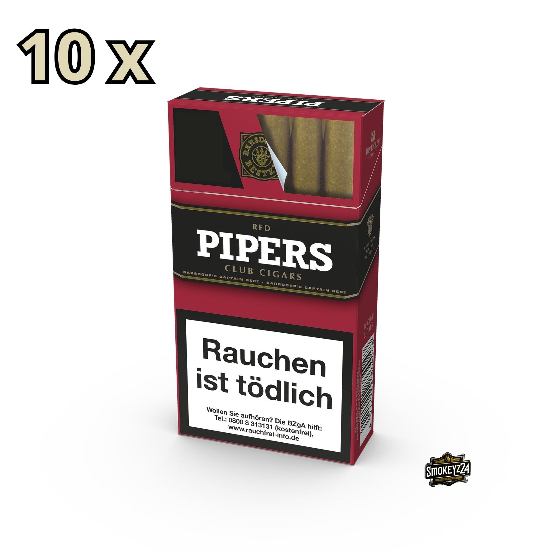 Pipers Little Cigars Red – 10 Packungen à 10 kräftige Club-Zigarren mit gesüßtem Mundstück und Pfeifentabakmischung
