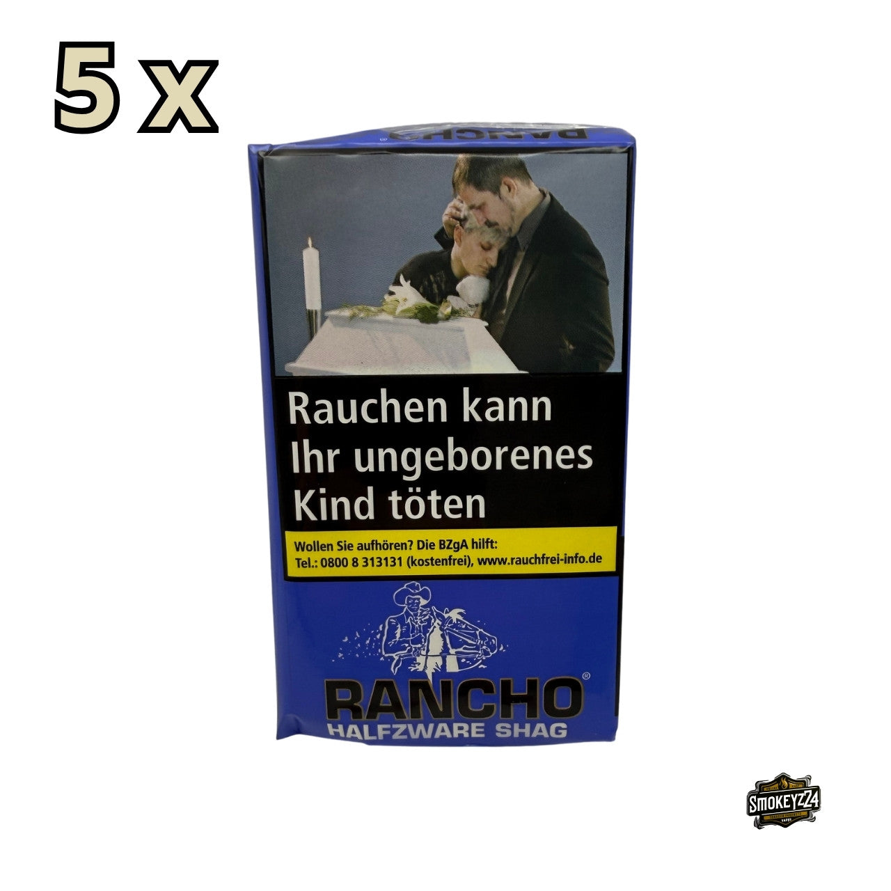 Rancho Halfzware Shag Drehtabak 5x40g Gebinde mit blauem Pouch frontal freigestellt