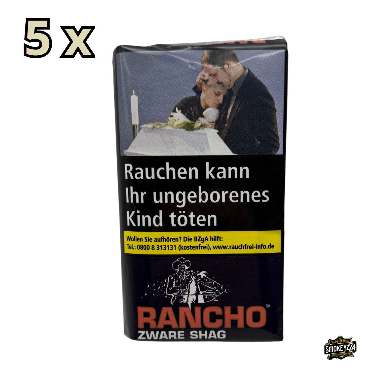 Rancho Zware Shag Drehtabak 5x40g Gebinde mit dunklem Pouch frontal freigestellt
