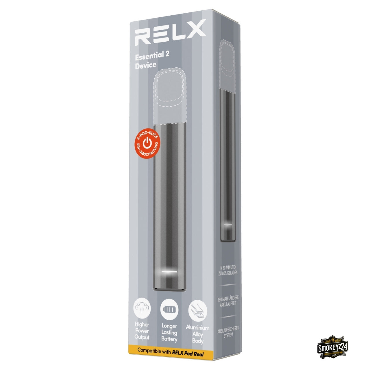 RELX Essential 2 Device Grey Verpackung mit grauem Gerät